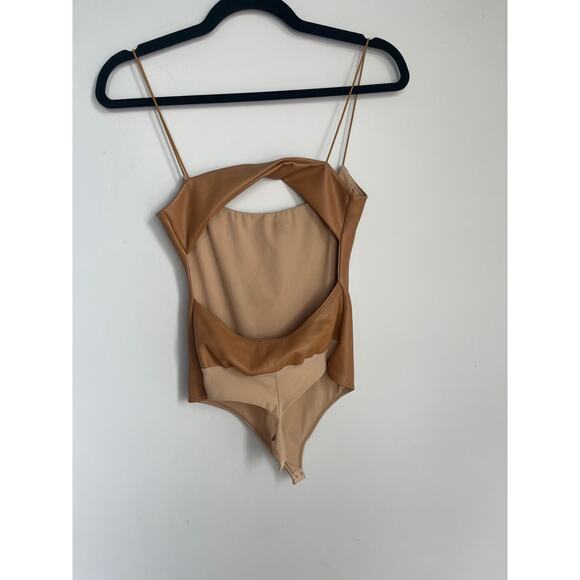 Alix NYC Faux Leather Bodysuit Women XS Cutout Spaghetti Strap Tan - Picture 2 of 7